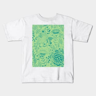 Bird and flowers doodle pattern green Kids T-Shirt